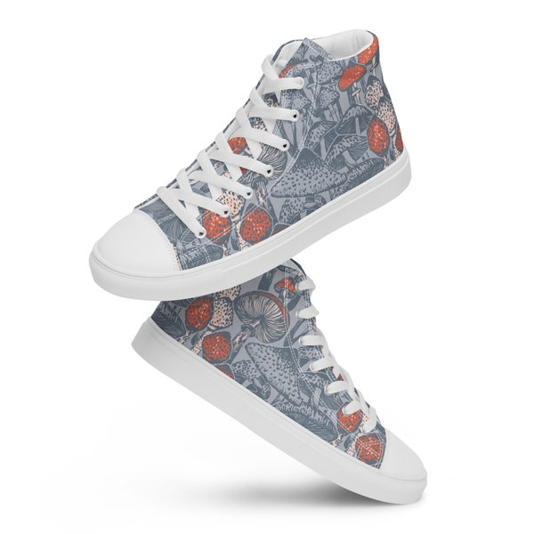 Mushrooms in Dusky Blue and Rusty Red  - Women's High Top Canvas Sneakers