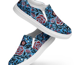 War of Roses Themed Women&#39;s Slip-On Canvas Sneakers - Floral Red White Blue Print
