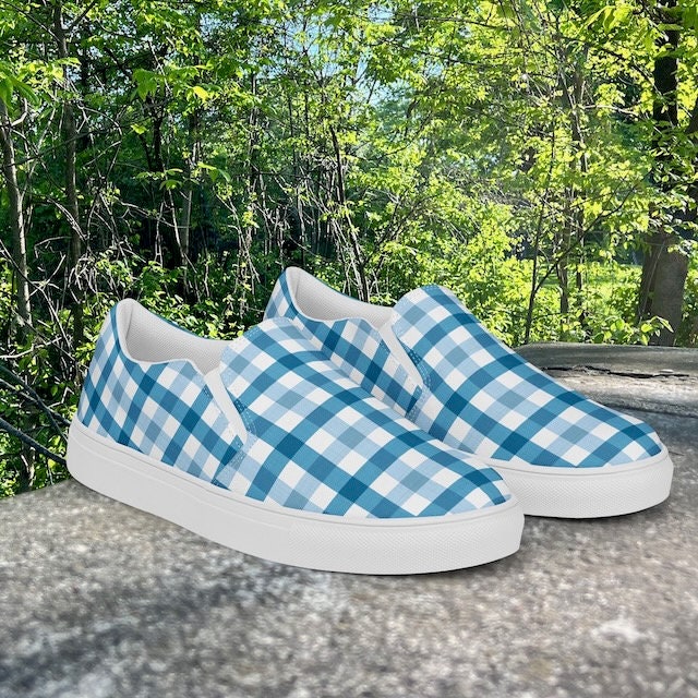Blue Gingham Canvas Slip-On Sneakers for Women - Perfect for Wedding, Bridal, and Casual Wear