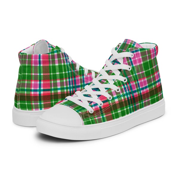 Preppy Vintage Madras in Pink and Green - Women's High Top Canvas Sneakers