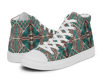 African Wax Print Quail Feathers in Brown and Green  - Women's High Top Canvas Sneakers