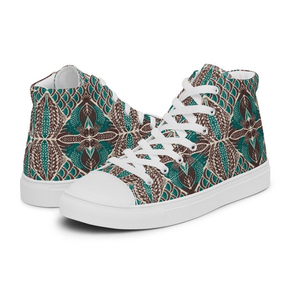 African Wax Print Quail Feathers in Brown and Green  - Women's High Top Canvas Sneakers