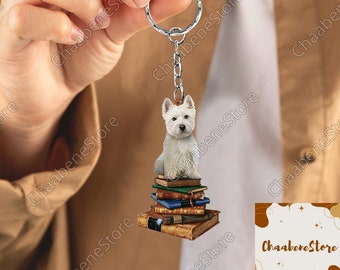 Westie Dog Sit On The Book Keychain, Dog Acrylic Keychain, Drive Safe Keychain, Westie Car Keyring, Westie Keychain Accessories