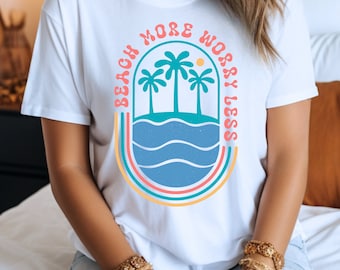 Beach Theme Tee, Colorful Summer Tee, Flowers Shirt, Palm Tree Shirt, Tropical Island, Beach More Worry Less, Vacation Vibes Shirt, Ocean