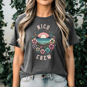 Floral NICU Crew Sunset Nurse T-shirt - Unisex Tee, Flower ICU RN Shirt, Hospital Medical Staff Gift, Healthcare Worker Top, Nurse