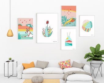 Abstract and animals Set of 5 Prints, Colorful Prints eclectic wall Art Gallery, ideal for decorate your living room
