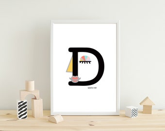 Alphabet Letter "D", Printable Letter Art Poster, Funny typography,  Alphabet Letters, Typography Wall Art Decor Poster.