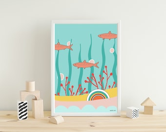 Printable Sardines wall Art, sea poster, modern boho digital art, colorful style decoration for kitchen
