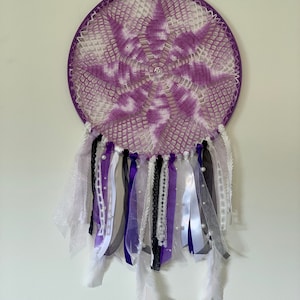 Crochet purple white ribbon lace wall hanging