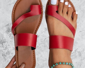 Dames platte leren sandalen, lente zomer comfortabele sandalen, uniek ontwerp, handgemaakt op bestelling damessandalen.