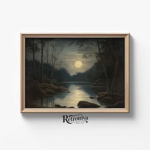 Moody Lake Landscape Dark  Academia Vintage Oil Painting | Rustic Moonlit Country Art Farmhouse Decor | Retroniva PRINTABLE Art NGT-021
