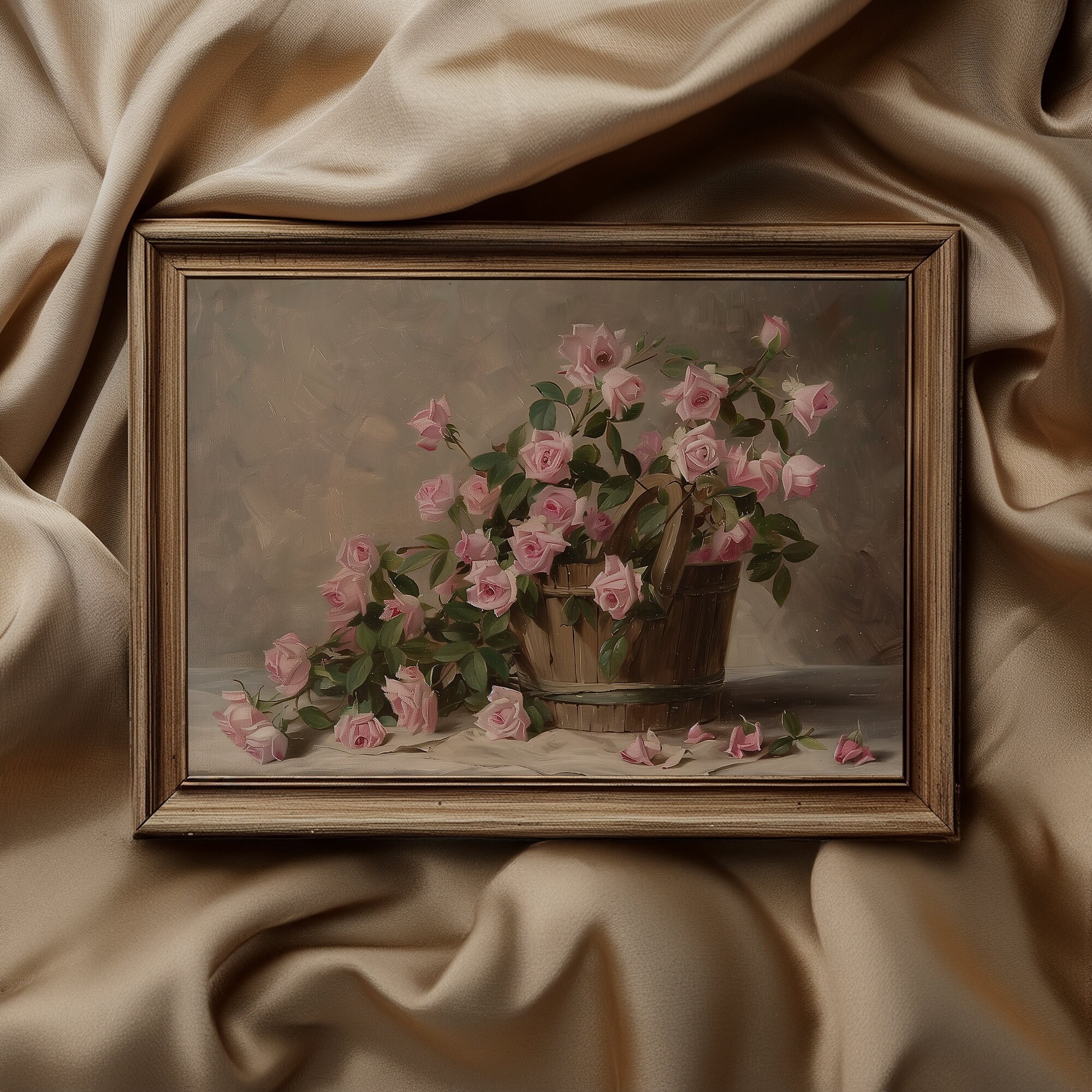Pink Roses in Basket Vintage Still Life Botanical Wall Art | Flower Art ...