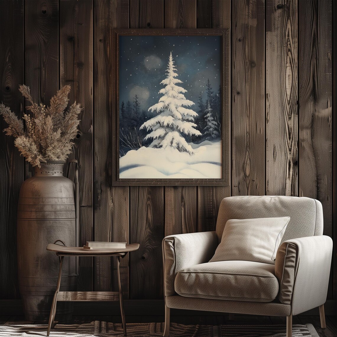 Snow Covered Pine Tree Vintage Winter Landscape Painting | Snowy Dark ...