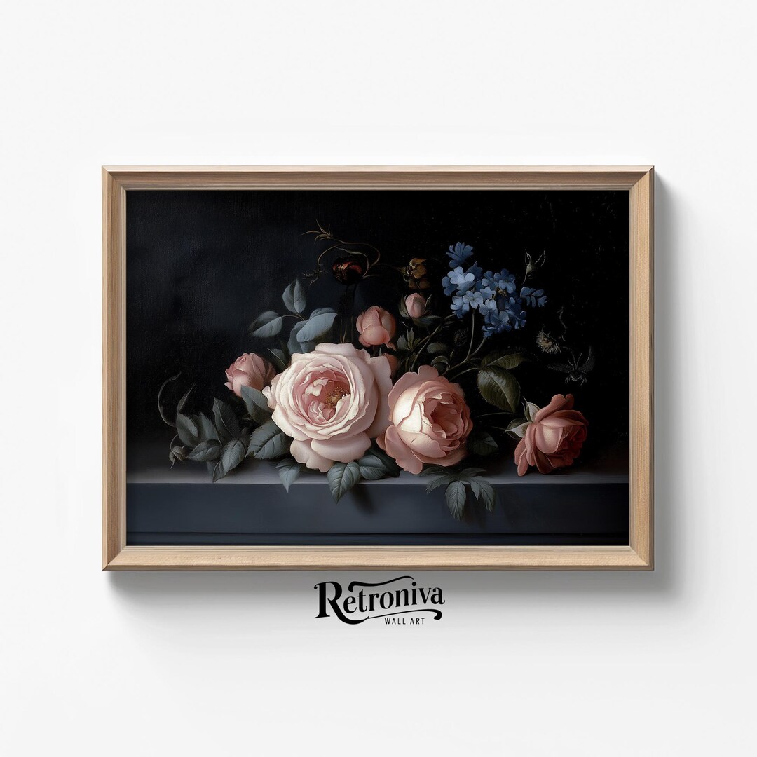 Antique Roses Still Life Vintage Oil Painting | Moody Flower Art Print ...