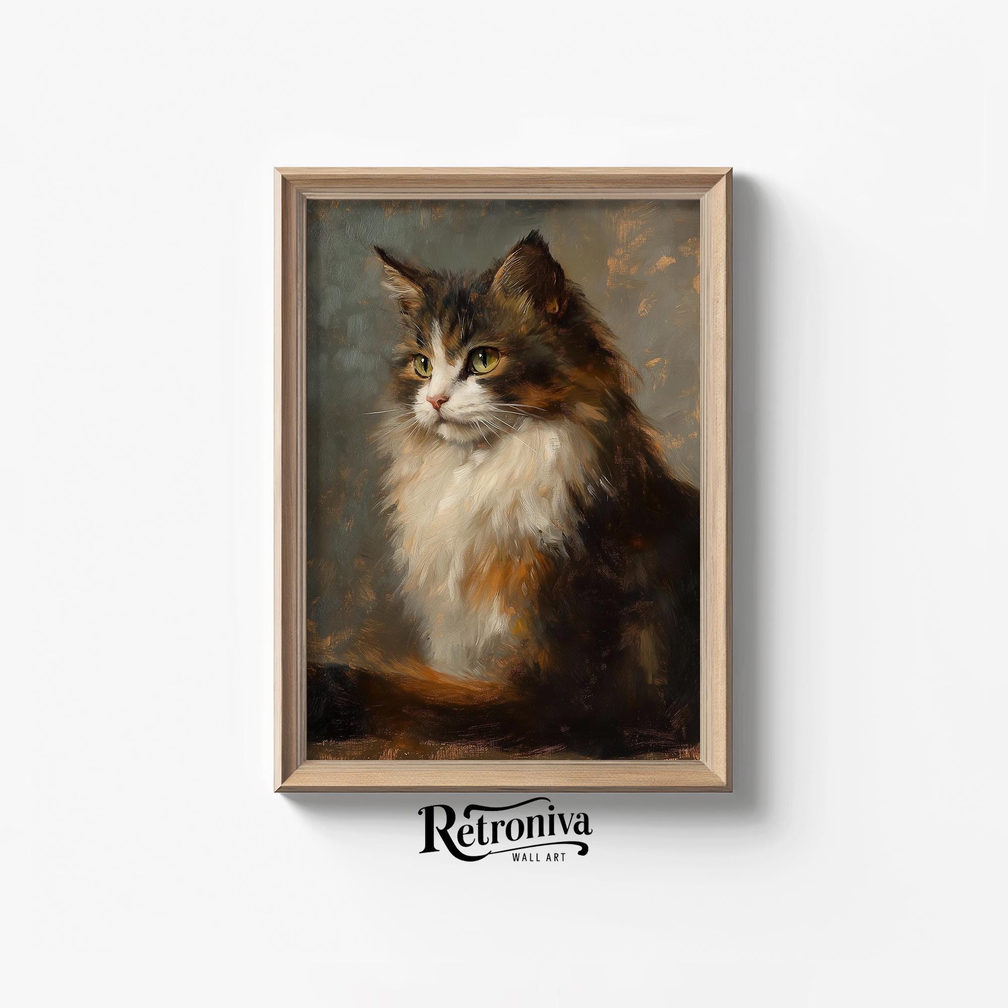 Brown Maine Coon Cat Portrait Vintage Oil Painting | Nursey Animal Art Print Cat Wall Decor | Retroniva PRINTABLE Art ANM-019