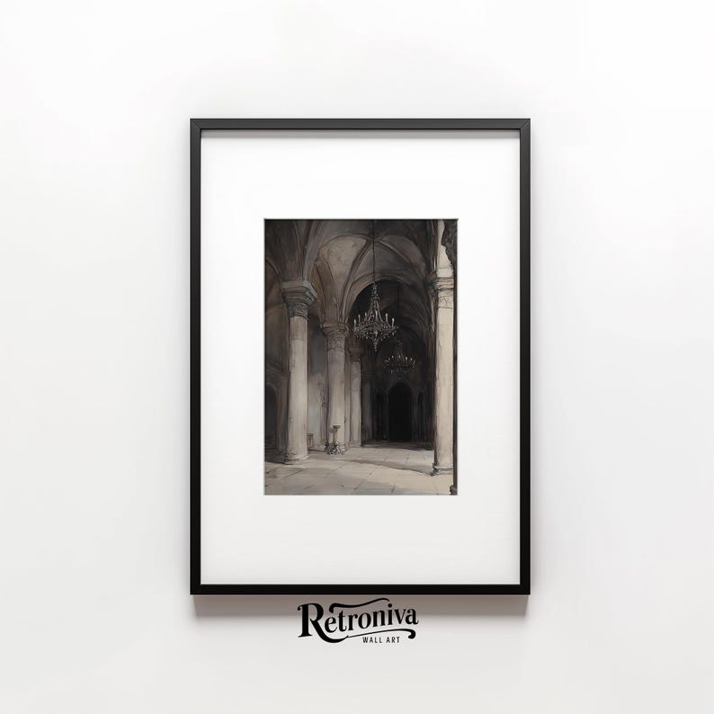 The watercolor architectural scene is displayed in a modern black frame with the moody church art.