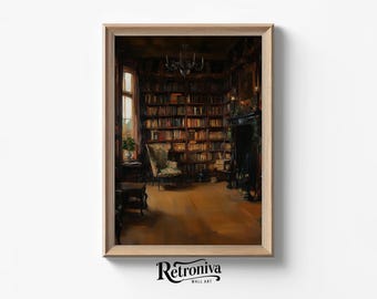 Moody Library Scene Vintage Oil Painting | Darkl Academia Wall Decor Antique Victorian Art Print | Retroniva PRINTABLE Art LND-009