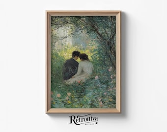 Paar ontmoeten elkaar in het geheim in het bos | Antieke liefdeskunst print vintage romantische muurkunst | Retroniva-AFDRUKBARE kunst CPL-018