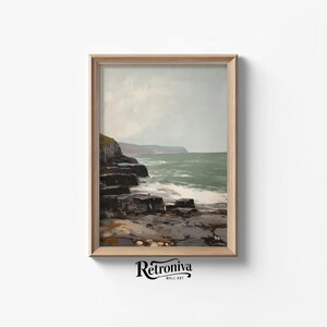 Seascape with Rocks and Cliffs Coastal Summer Painting | Muted Seaside Art Print Nautical Wall Decor | Retroniva PRINTABLE Art SUM-040
