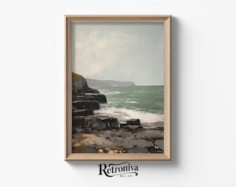 Seascape with Rocks and Cliffs Coastal Summer Painting | Muted Seaside Art Print Nautical Wall Decor | Retroniva PRINTABLE Art SUM-040