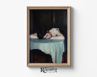 May include: A painting depicting a woman with dark hair lying on a table with a white tablecloth. She is wearing a white dress and has her head resting on her arm. The background is dark, giving the painting a moody atmosphere.