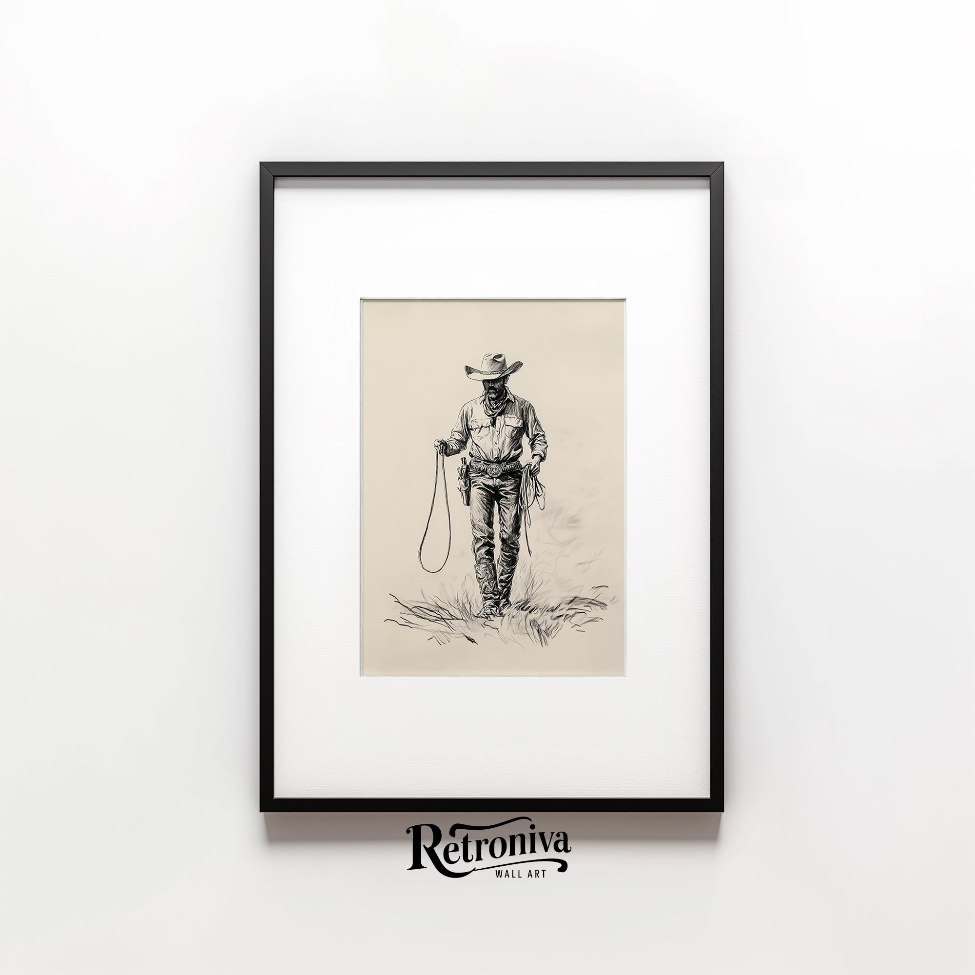 Cowboy With Ropes Sketch Art Print Vintage Western Wall Decor | Walking ...