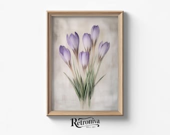 Pintura de tulipanes morados antiguos, arte mural botánico vintage, pintura de tulipanes, decoración de pared rústica floral, arte imprimible Retroniva BTN-020