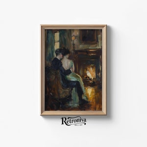 ロマンチックなカップルのシーンの壁アート | アンティークラブ油絵 | ヴィンテージカップルアートプリントビクトリア朝の壁装飾 | Retroniva 印刷可能なアート CPL-003