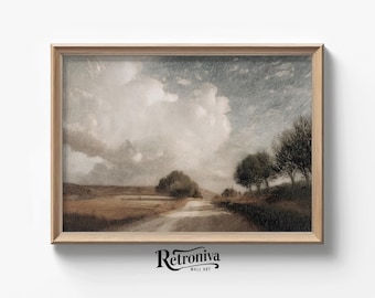 Vintage Country Landscape Painting Beige Wall Art | Countryside Art Print Rustic Farmhouse Wall Decor | Retroniva PRINTABLE Art LND-031