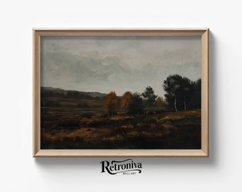 Vintage Rustic Autumn Country Landscape | Moody Fall Oil Painting | Autumn Landscape Wall Art Print | Retroniva Printable Art ATM-002