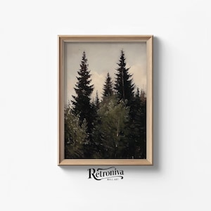 Puede incluir: Una impresión enmarcada de una pintura que representa una escena de bosque con altos pinos verde oscuro en primer plano. Los árboles están silueteados contra un cielo gris claro.