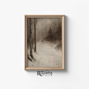 May include: A framed vintage print of a snowy forest scene. The artwork depicts a path winding through snow-covered trees, with a muted color palette of whites, grays, and browns. The frame is a light wood color. The print is labeled "Retroniva WALL ART".
