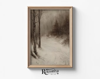 Puede incluir: Una impresión vintage enmarcada de una escena de bosque nevado. La obra de arte representa un camino que serpentea a través de árboles cubiertos de nieve, con una paleta de colores apagados de blancos, grises y marrones. El marco es de madera clara. La impresión está etiquetada como "Retroniva WALL ART".