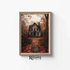 Pintura al óleo vintage con paisaje otoñal de estilo cottagecore con melancolía otoñal / Escena de casa antigua rústica Decoración de pared de granja / Arte IMPRIMIBLE Retroniva ATM-024