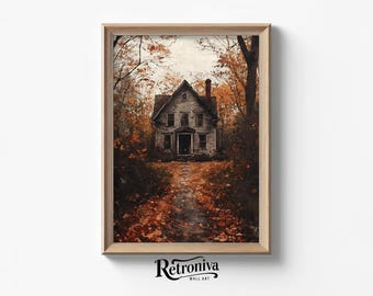 Moody Fall Cottagecore Autumn Landscape Vintage Oil Painting | Rustic Old House Scene Farmhouse Wall Decor | Retroniva PRINTABLE Art ATM-024