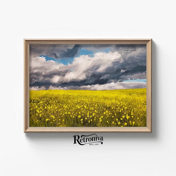 Yellow Wildflowers Field Landscape Wall Art | Golden Flowers Oil Painting | Spring Meadow Print | Retroniva Printable Art SPG-003