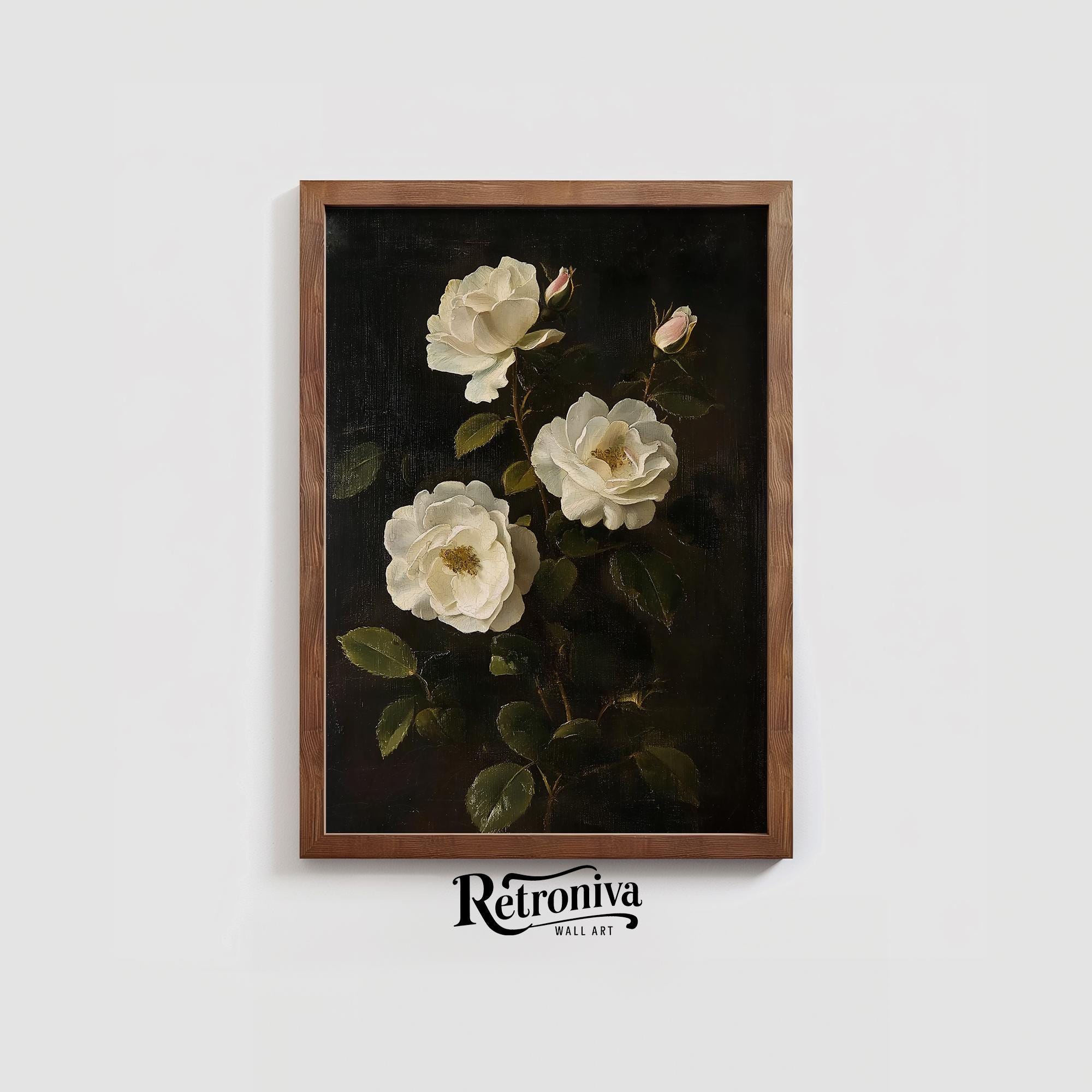 White Rose Painting Vintage Dark Academia Floral Still Life Wall Art ...