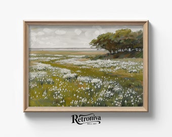 Lente weide landschap schilderij | Vintage land veld landschap kunst aan de muur | Wilde bloemen schilderij | Retroniva afdrukbare kunst SPG-004