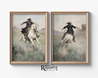 Cowbow Riding a Grumpy Horse Antique Western Wall Art Pair | Set of 2 Southwestern Vintage Horse Painting | Retroniva PRINTABLE Art SET-012