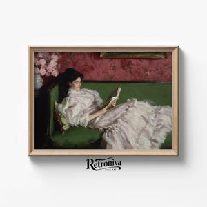 Frau liest ein Buch auf dem Sofa Vintage Ölgemälde | Frau Porträt Kunstdruck viktorianische Wandkunst | Retroniva DRUCKBARE Kunst PRT-036
