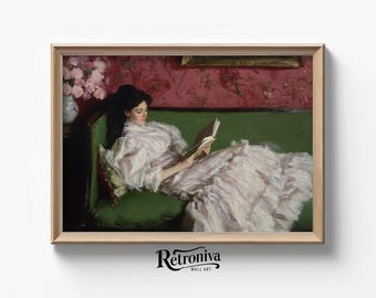 Peinture à l'huile vintage femme lisant un livre sur le canapé | Impression d'art portrait de femme Art mural victorien | Art imprimable Retroniva PRT-036