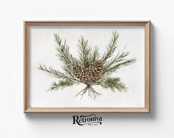 May include: A watercolor painting of a pine branch with two pine cones. The pine cones are brown and the branch is green. The painting is on a white background.