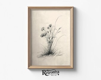 Vintage Botanical Sketch Art Print | Wildflower Line Drawing Minimal Wall Decor | Rustic Floral Home Decor | Retroniva PRINTABLE Art SKT-060