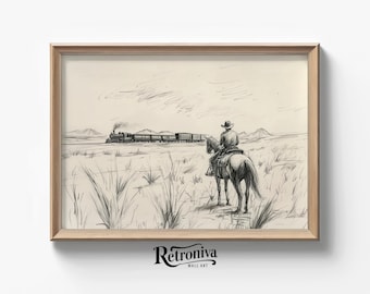 Impresión artística vintage de un boceto de un vaquero esperando para robar un tren / Dibujo de un boceto de un caballo, decoración de pared occidental / Arte imprimible Retroniva SKT-040