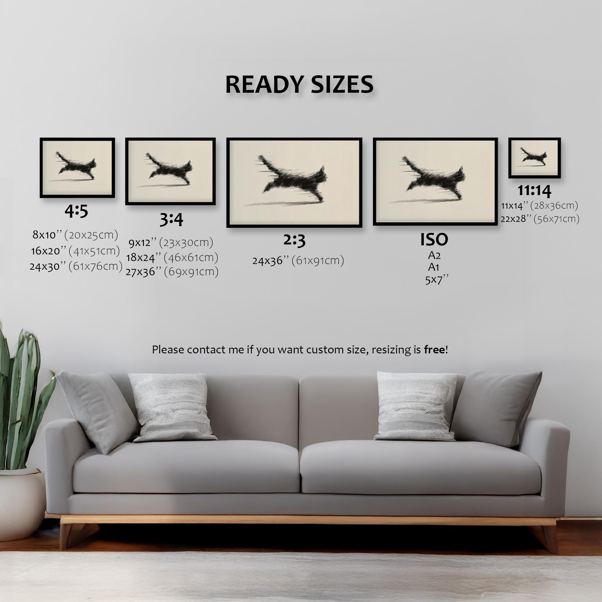 May include: Framed black and white cat art prints in various sizes, including 8x10 inches, 16x20 inches, and 24x30 inches. The artwork features a minimalist design of a running cat. The text "READY SIZES" is displayed above the prints.