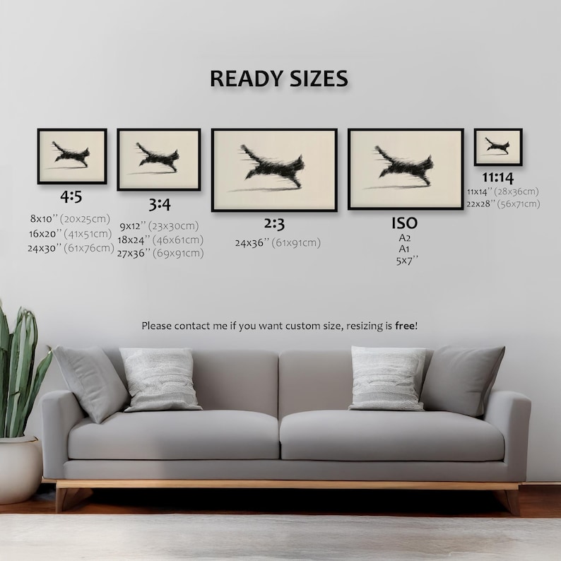 May include: Framed black and white cat art prints in various sizes, including 8x10 inches, 16x20 inches, and 24x30 inches. The artwork features a minimalist design of a running cat. The text "READY SIZES" is displayed above the prints.