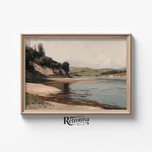Paesaggio fluviale smorzato Dipinto d&#39;epoca Arte murale di campagna / Scena naturale rustica Decorazione murale della fattoria / Retroniva STAMPABILE Arte LND-017