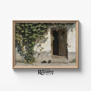 Puede incluir: Una pintura de un edificio blanco y desgastado con una puerta de madera abierta. Las enredaderas crecen por el lado del edificio y proyectan sombras en la pared. Dos zapatos negros están en el suelo frente a la puerta.