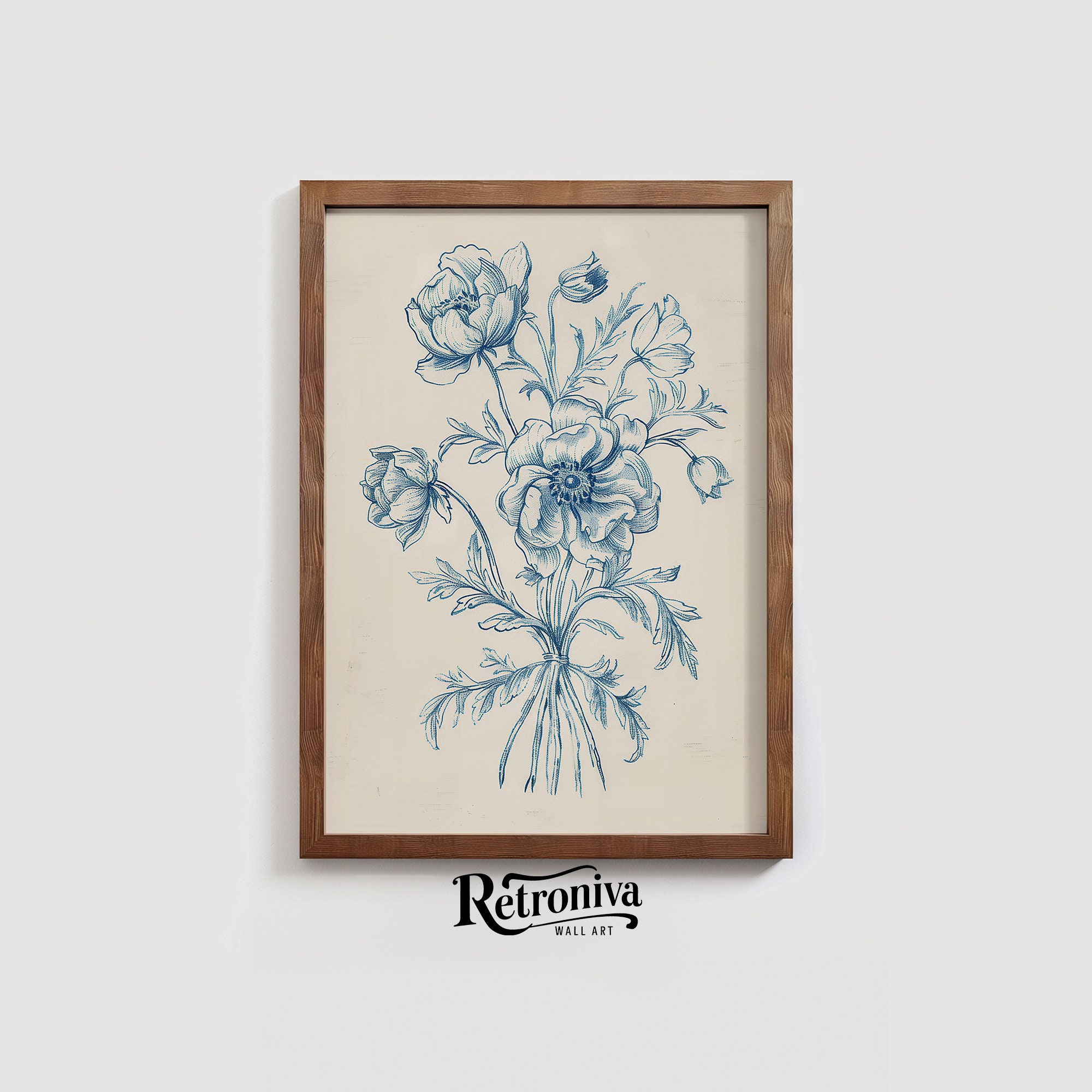 Vintage Blue Flower Bouquet Sketch Art Print | Antique Flower Drawing ...