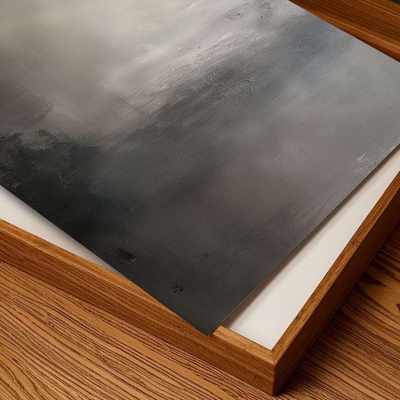The painting abstract art is closely displayed in a dark wooden frame. The details and brushstrokes in the artwork look very realistic.
